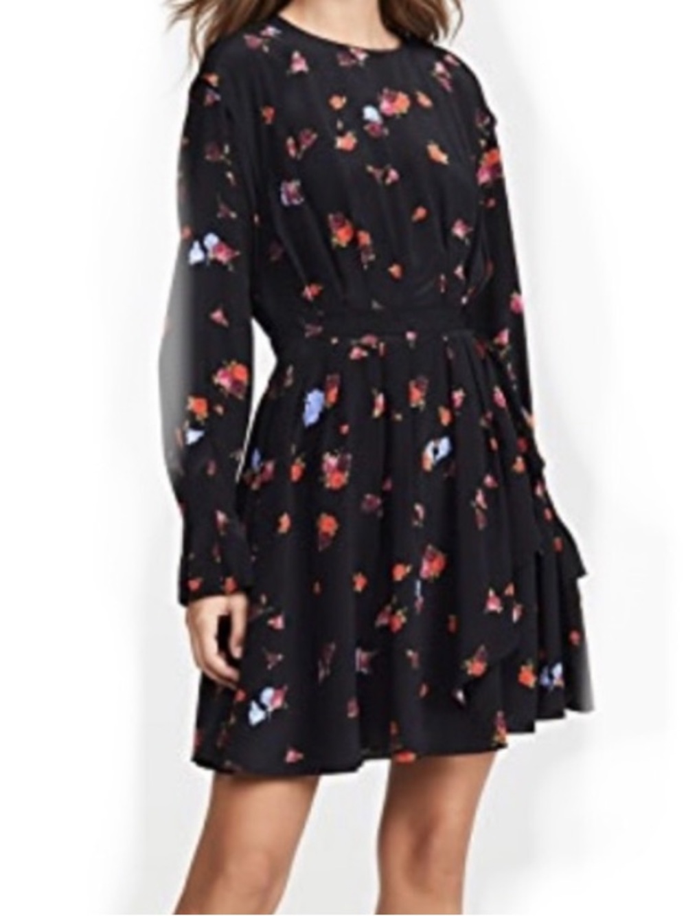 Jason Wu 100% silk black floral long sleeve flowy light dress size 2